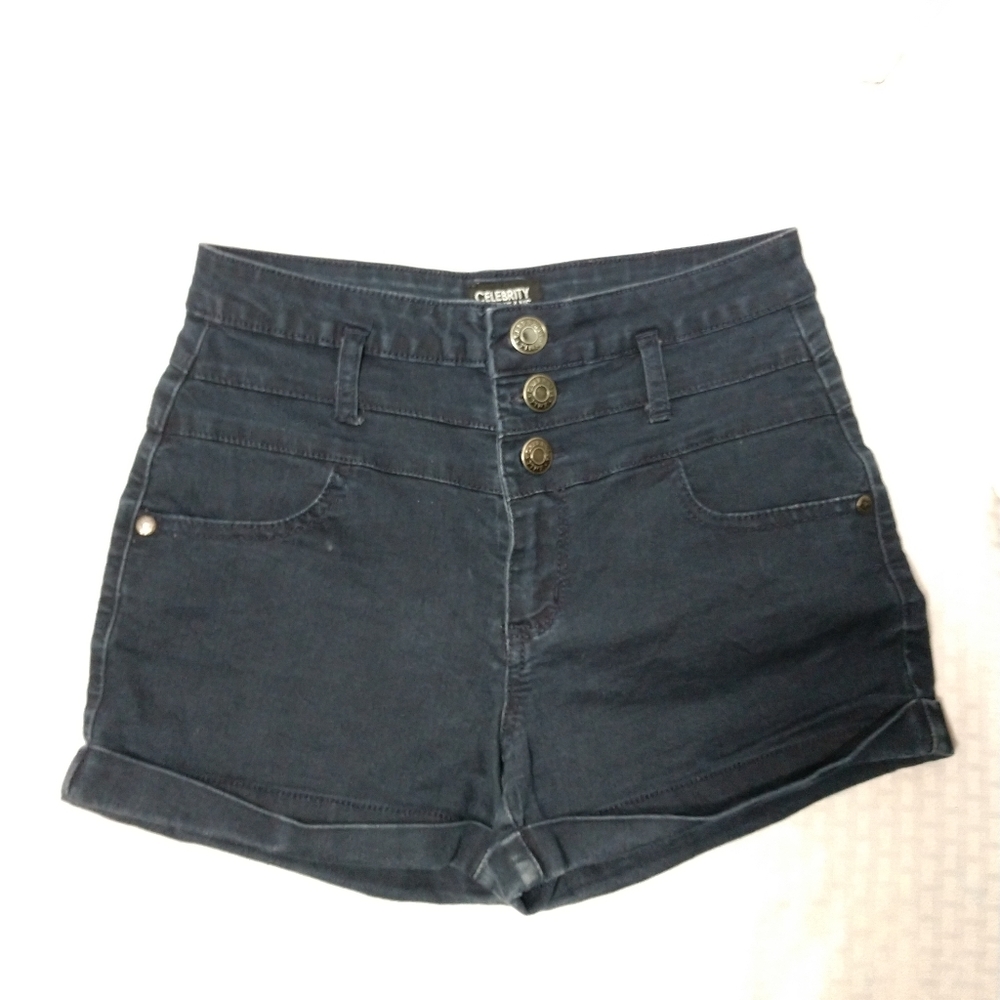 Celebrity Pink Jean Shorts BLUE Hi Rise 3-Button Waistband Zip Fly Size 1 26"